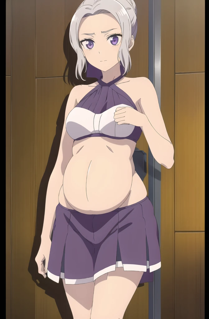 (extremely detailed CG unity 8k wallpaper), (masterpiece), (best quality), (ultra-detailed), (best illustration), (best shadow), (absurdres), 1girl, solo, shino, white hair, 1girl, solo, purple eyes, bikini, looking at viewer, top, mini skirt, shorts, anime, mirror selfie, holding phone, pregnant belly, huge pregnant, purple nails, belly