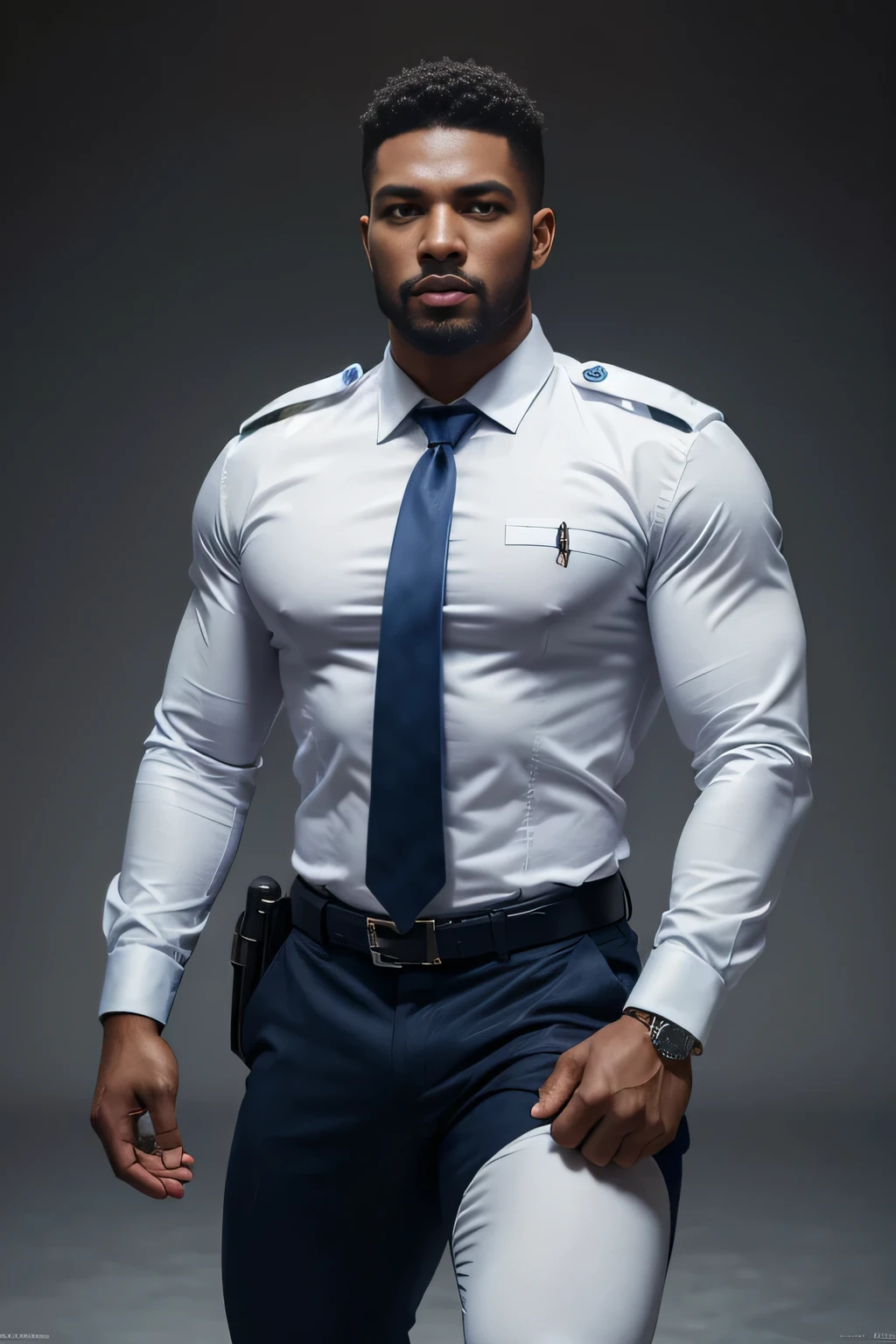 Wallpaper, hombre Muy handsome, afroamericano , strong and manly, with muscles and stocky, eyes , in a detailed tight-fitting white and blue leather police uniform with tie, police badges, strong and muscular legs, big lump, Lovely eyes, sexy, handsome, eyes, sexy, close up, with short beard, cor weapon on the side of the leg ultra realistic, Conceptual art, intricate details, Very detailed, photorealistic, Octane rendering, 8k, sharp focus 35 years