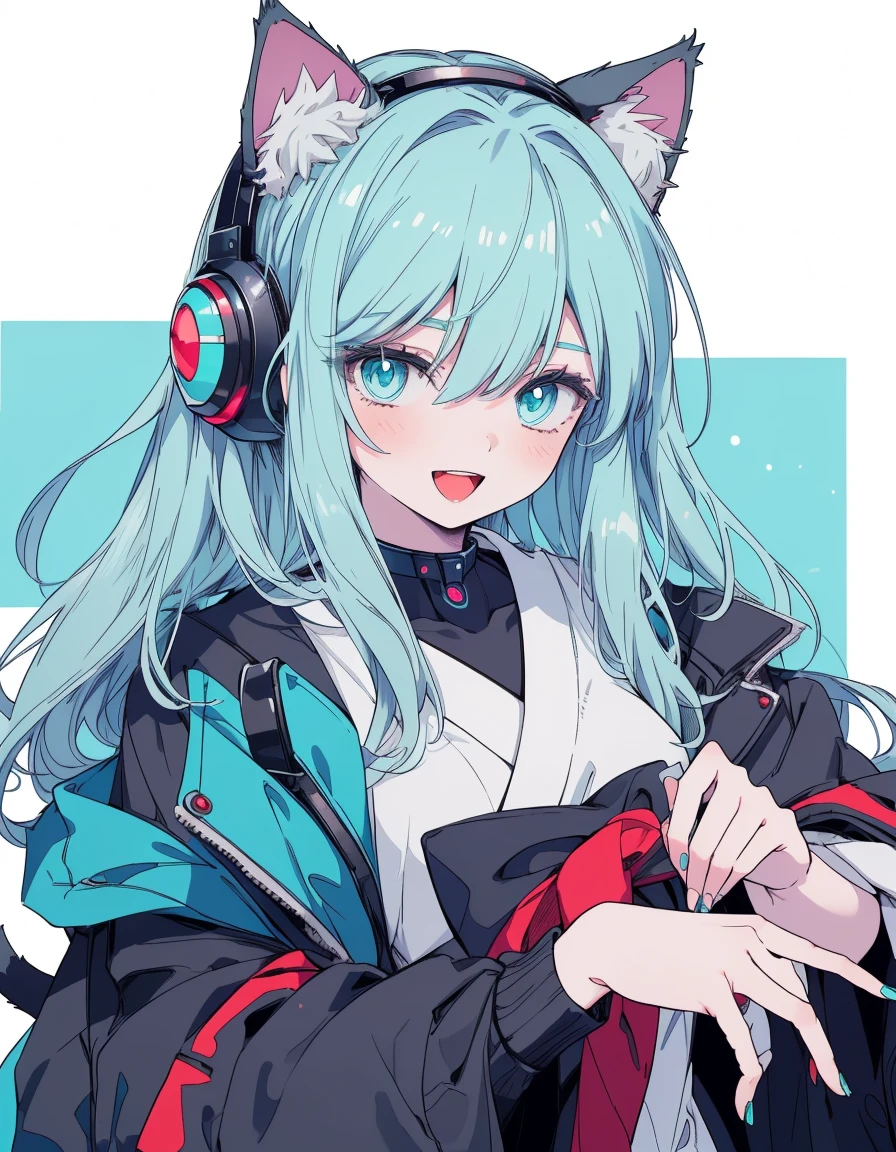 Japanese clothed and cyber punk, open mouth, smile, open hands, ((masterpiece, best quality:1.5)), ((Beautiful detailed cat aqua eyes:1.2)), cat ears, pale skin, medium breasts, beautiful hands, beautiful fingers, EasyNegative