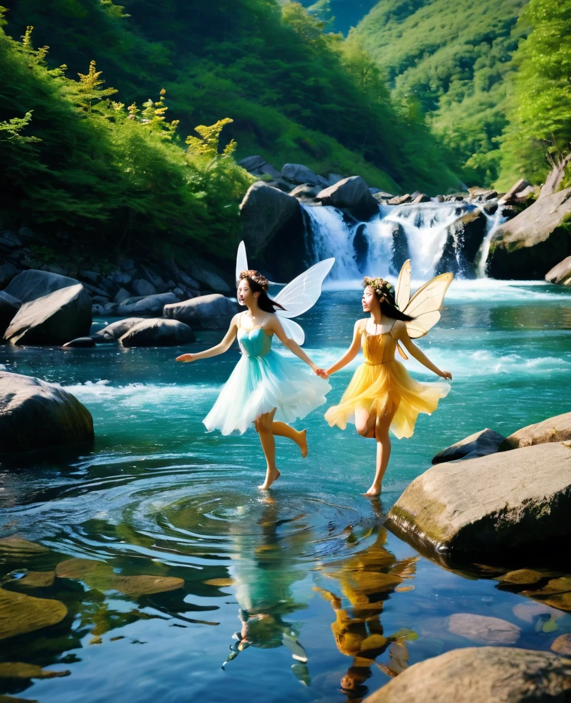 Frolicking by the water in the mountains、Two fairies