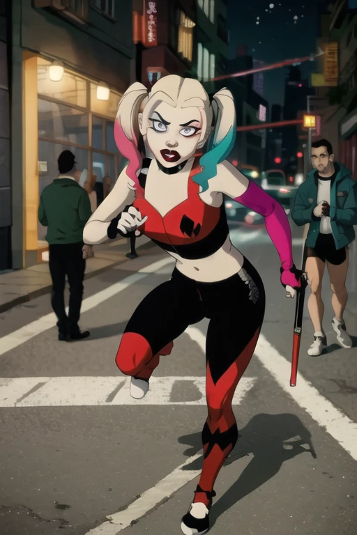 Harley Quinn, on road, action pose, black eyes mask, 
