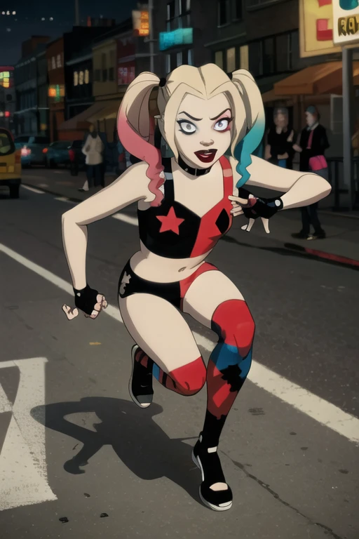 Harley Quinn, on road, action pose, black eyes mask,
