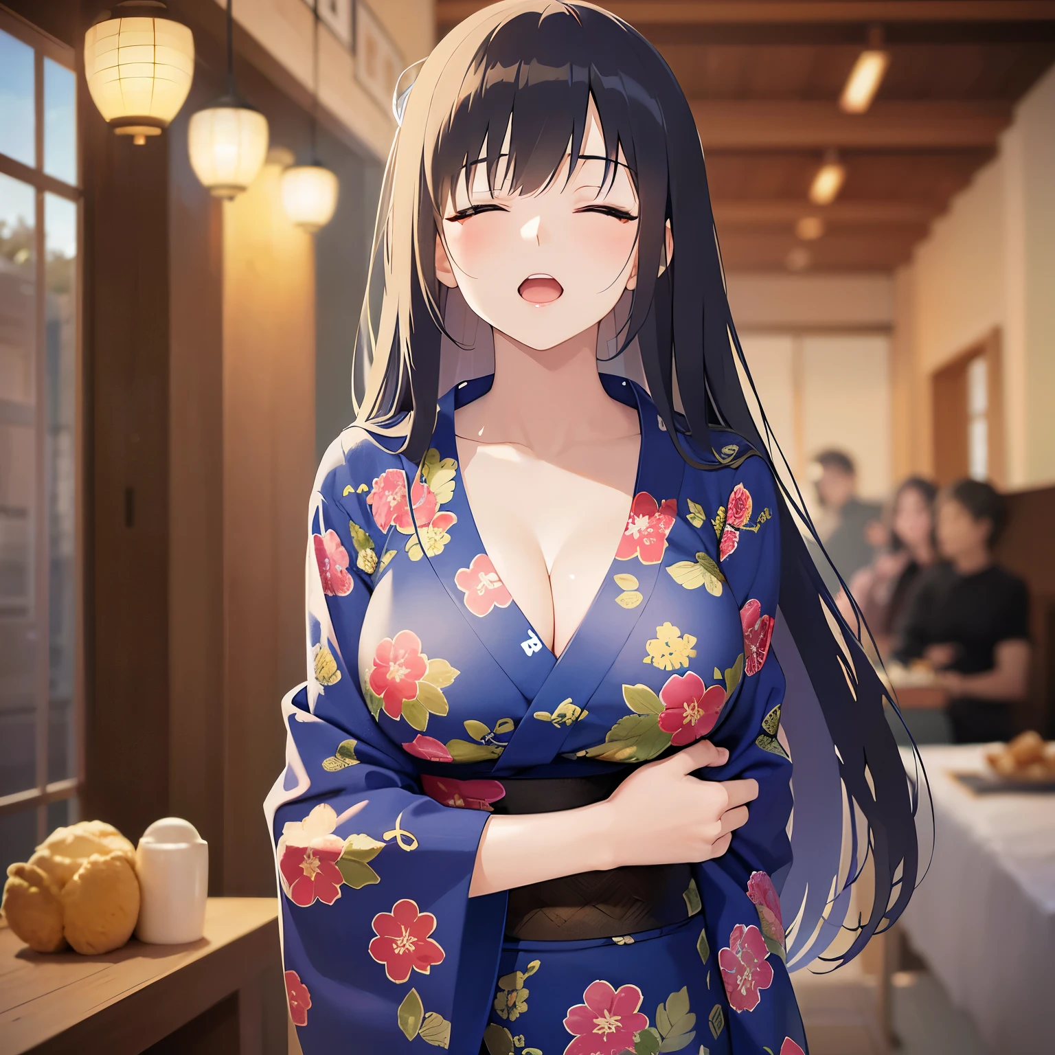 (closed eyes:1.5),side ungle,Upper Body,(hand on breast:1.5)、
Realistic, real person, (pale skin: 1.2), RAW photo, photorealistic, shiny skin, shiny hair、
(A 25-year-old woman with straight hair and bangs) and (medium hair) and (black hair) , (purple)and(yukata),Painful expression、open mouth,背景はnightの日本の旅館の廊下,night,indoor