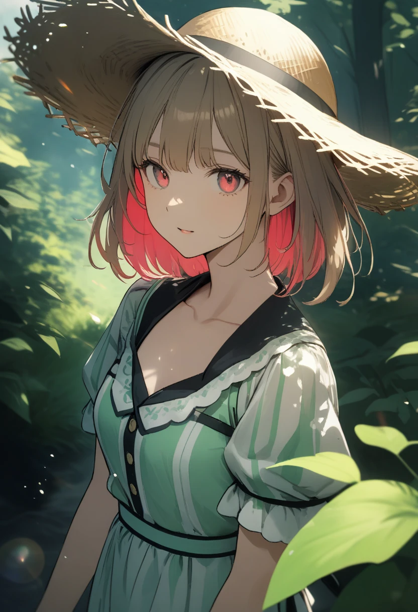 , (forest浴用の夏服、Chopin、Straw hat)、(Golden hair color,Red pink inner color hairstyle), Beautiful Hair, Facial Contour, Remember, forest, sunlight、splash, Lens flare,, Natural Color, High resolution, Very delicate, Very detailed, 8k,(My breasts are just a little swollen,About B cup)、Shyness,((Sexual))、Top view angle