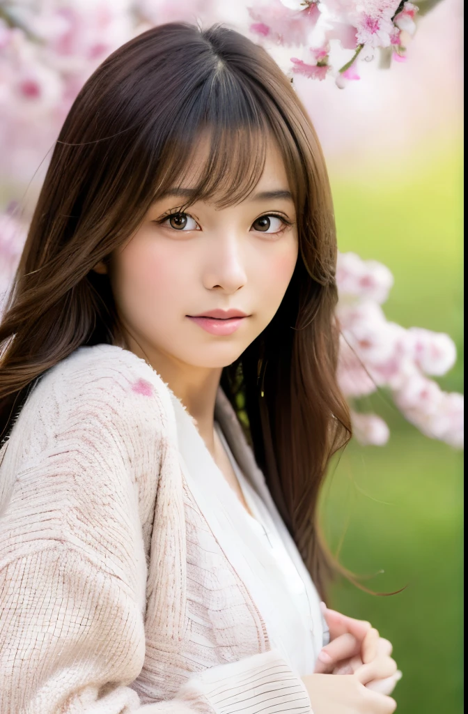 highest quality, soft light, ultra high resolution, (realistic:1.4), Japanese spring background,whole body,RAW photo, 1 japanese girl, alone, cute, (pupil, light in the eyes), detailed beautiful face, (small box),(High resolution details of human skin texture), (long hair), outdoor,cardigan