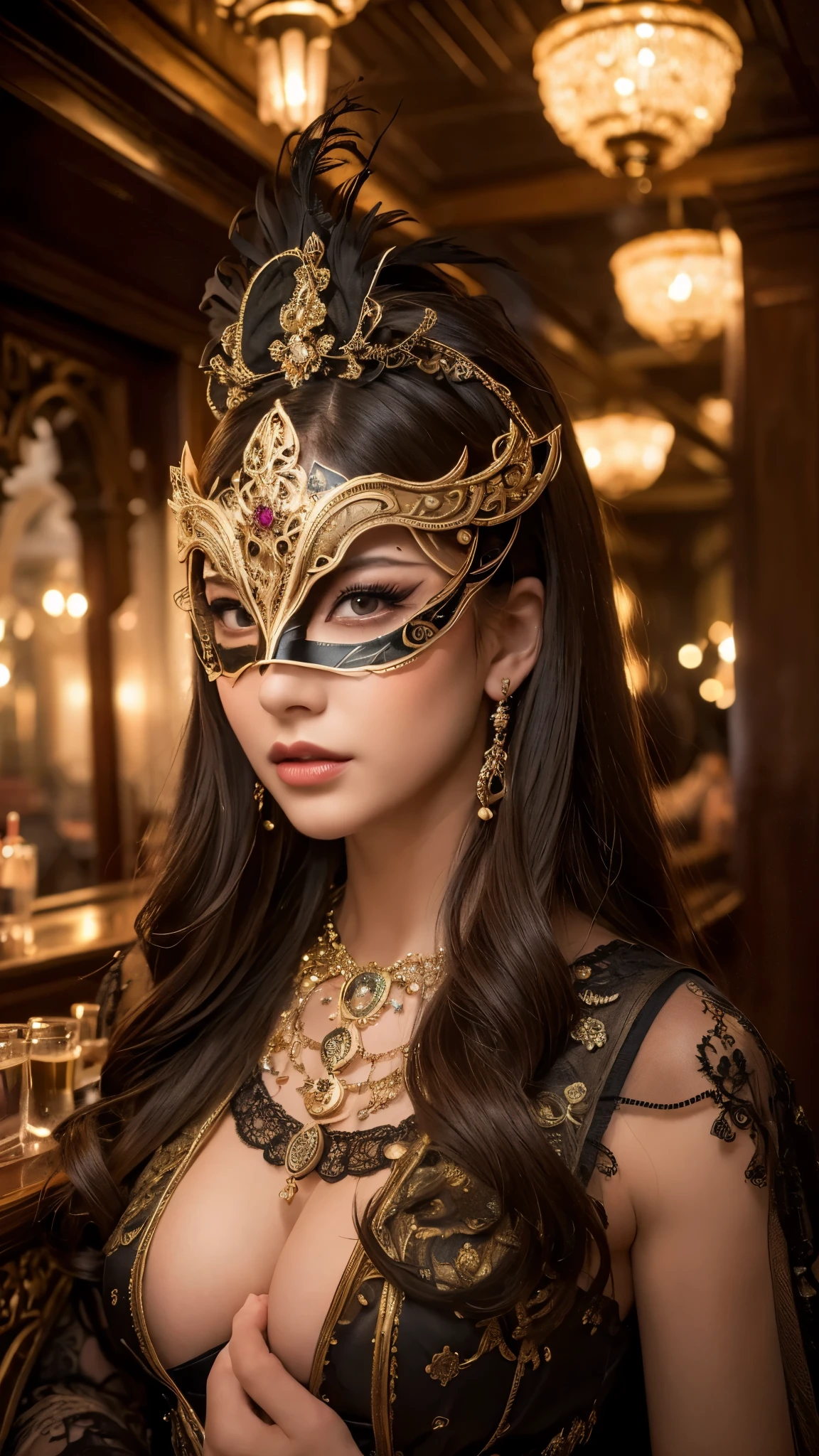 (woman in a masquerade party,elegant venetian mask,intricate costume,beautiful detailed eyes,beautiful detailed lips,extremely detailed face,highly detailed mask,moody bar interior,chiaroscuro lighting,dramatic shadows,cinematic,4k,8k,highres,masterpiece:1.2,ultra-detailed,realistic,photorealistic:1.37,rich colors,refined color palette,captivating)