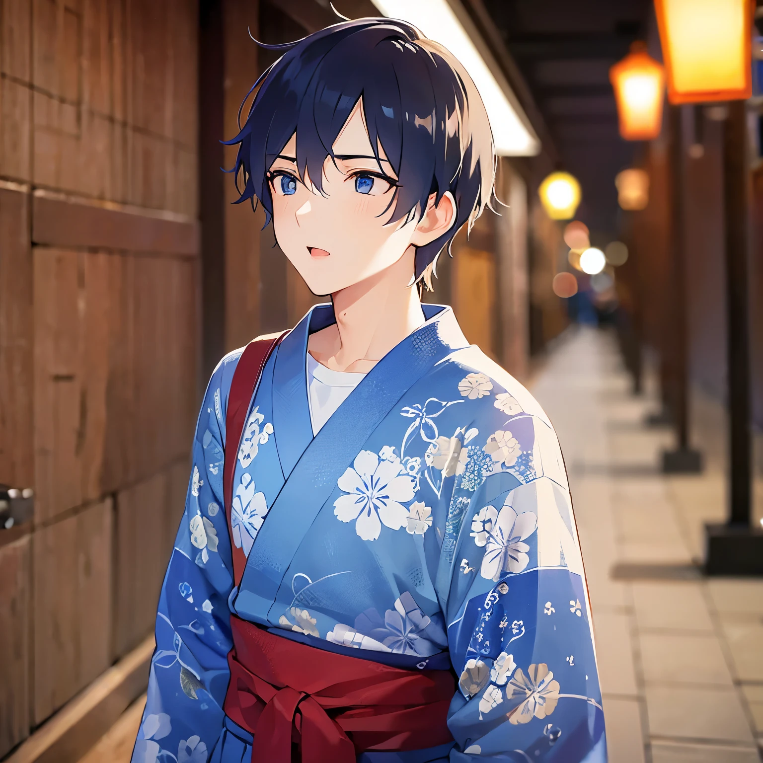 (25-year-old male:1.5) and(Black short hair) and (blue eyes), Shooting from below, (looking away:1.5), upper body、
masterpiece、Highest quality、
(Blue) and (yukata) ,worried,open mouth,The background is a Japanese-style corridor at night、Walking(alone:1.5)