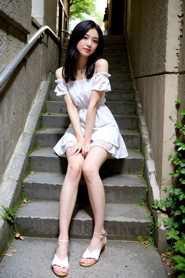 Familiar,Sharp lines,Highest quality, masterpiece、ancient ruins、Dark Light、Canon Photo Crystal Clear ,（Realistically:1.2）, (Casual Micro Mini Skirt Dress)、Action pose、Take a full body photo、Lazy Smile、Attractive person、Medium Layered Hair