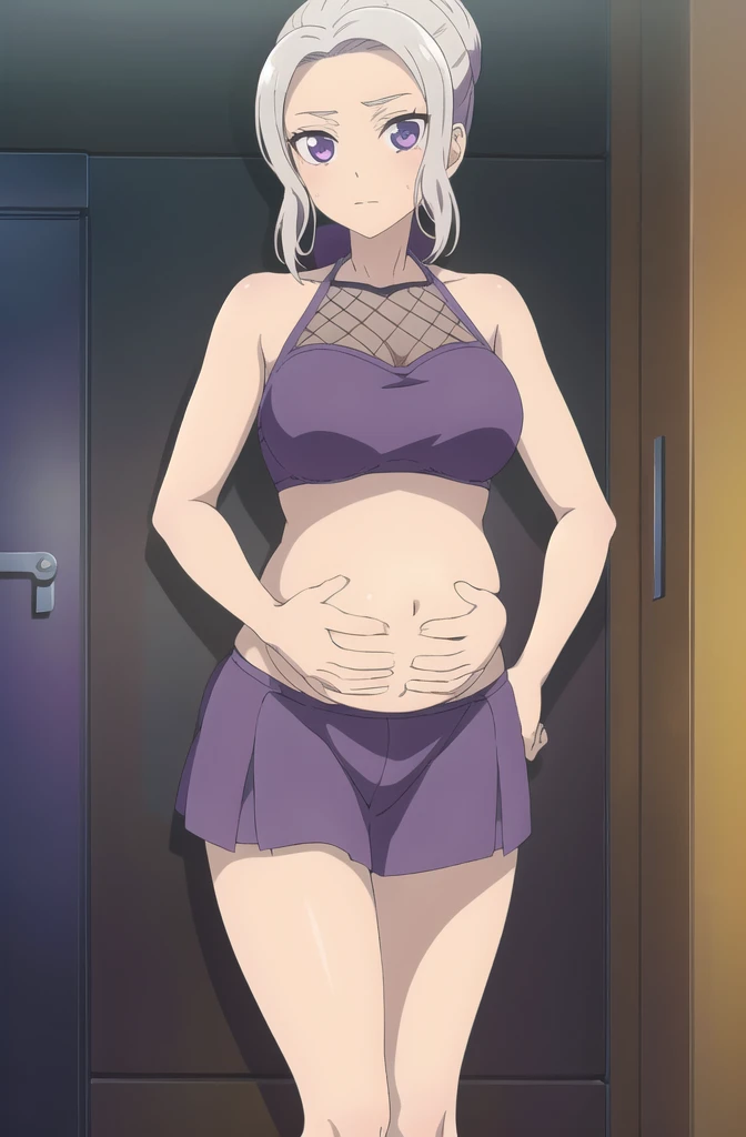 1 girl, kanon kanase, blush, medium breasts, sleeveless,((short skirt, bra,navel)), sitting, 20-year-old, healthy skin, pregnant.