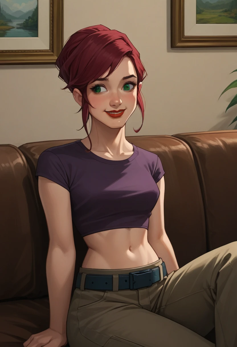 score_9,score_8_up,score_7_up, source_anime,BREAK april2003,1girl,short hair,shirt,navel,green eyes,red hair,midriff,belt,pants,crop top,makeup,lipstick,brown pants,cropped shirt, smiling, shy, sitting on sofa, 