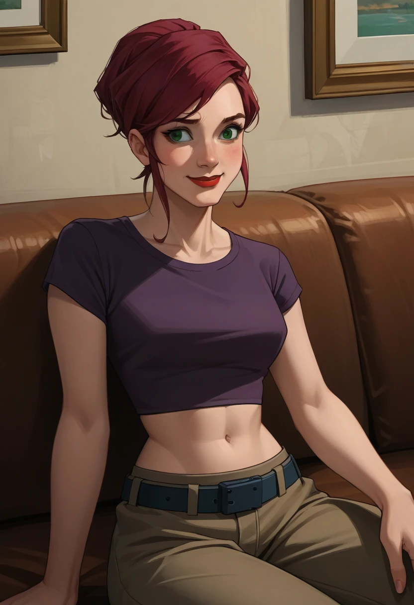 score_9,score_8_up,score_7_up, source_anime,BREAK april2003,1girl,short hair,shirt,navel,green eyes,red hair,midriff,belt,pants,crop top,makeup,lipstick,brown pants,cropped shirt, smiling, shy, sitting on sofa, 