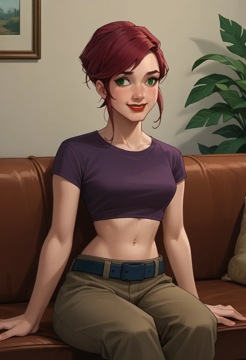 score_9,score_8_up,score_7_up, source_anime,BREAK april2003,1girl,short hair,shirt,navel,green eyes,red hair,midriff,belt,pants,crop top,makeup,lipstick,brown pants,cropped shirt, smiling, shy, sitting on sofa, 