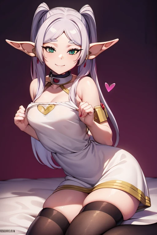 of her, mischievous grin, elf ears , Perverted , blackstockings , numa pose sexy, taking the dress and showing the panties , Making a heart with your hands , slightly smaller ears