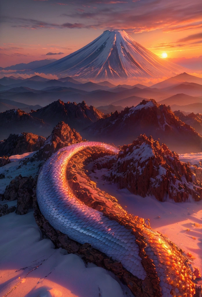 (Highest quality,4K,8k,High resolution,masterpiece:1.2),Very detailed,(Realistic,photoRealistic,photo-Realistic:1.37),anime,Fuji Mountain,Sunrise,New Year,Year of the Snake,Vibrant colors,Concept Artist,Moody lighting,superpower