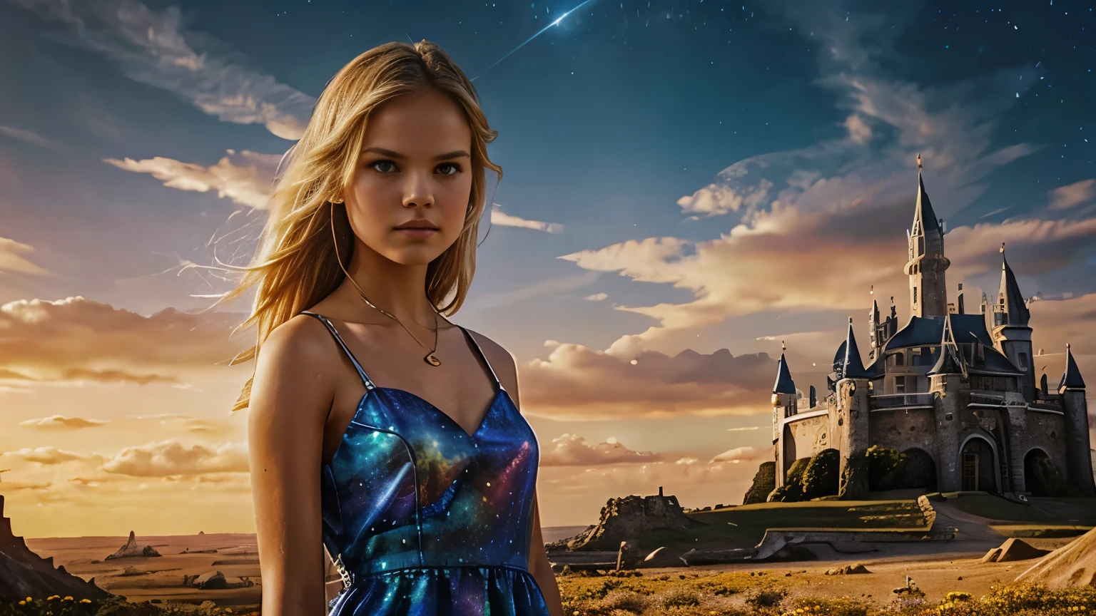 1girl watching to the camera, gabriella wilde, 25 years old, SHORT DRESS, FREE HAIR, sunser, hands behind the back, cosmic landscape background, castle faraway, closeup, close-up, BREAK,
