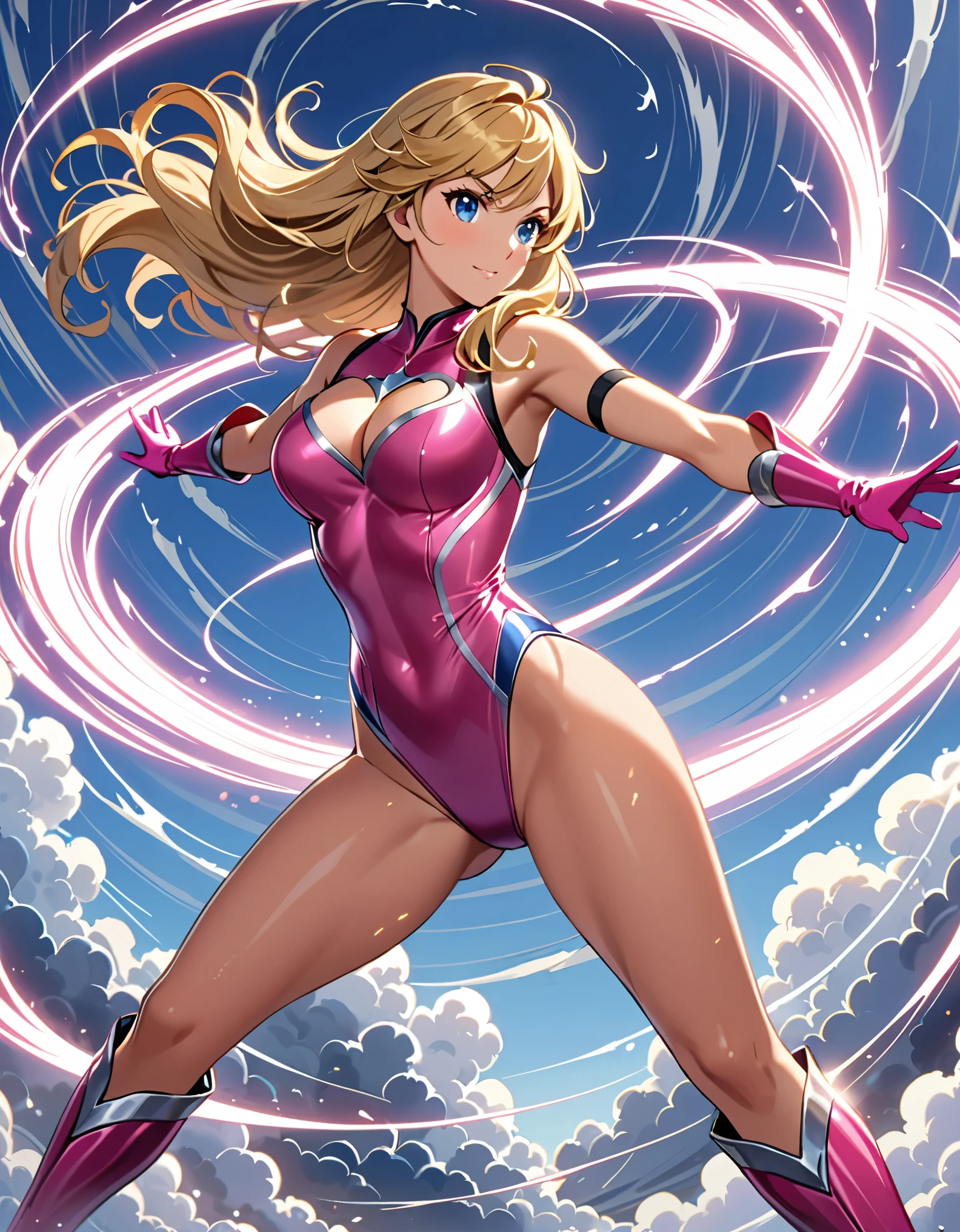 (masterpiece), (best quality), (high res), 1girl, solo, solo focus, ((leotard, perfect leotard, pink leotard, sleeveless, bare legs)), matching boots, looking at the viewer, blue sky backdrop, perfect hands, complete fingers, perfect anatomy, medium breasts, (blonde hair, long hair, mid-length hair, hair down, bangs), knee boots, blue eyes, beautiful detailed eyes, beautiful detailed face, cute face, (cleavage heart cutout), pink gloves, pink footwear, superhero, heroic. (T-pose, legs together). (spins fast in place like a tornado, whirls fast in place like a tornado, tornado whirling, spiral lines around her, spinning energy pulse around her, storm winds around her, whirls into a tornado, (she whirls) in (super speeds)). full body costume design. curved sword slash. she super-spins.