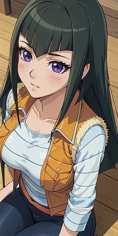 1 Female,High definition,high resolution,Ultra-realistic,8K,CC, 1girl, vest, striped shirt, striped sleeves, pants,purple eyes, detailed face, detailed eyes,8k,European,sexy,Upper body close-up,Photographed from the front,Dynamic Angles,private teacher,blush, huge tits, nipples ,(black lace bra),(top view),(selfie),(wide thighs:1.3),(upper body)