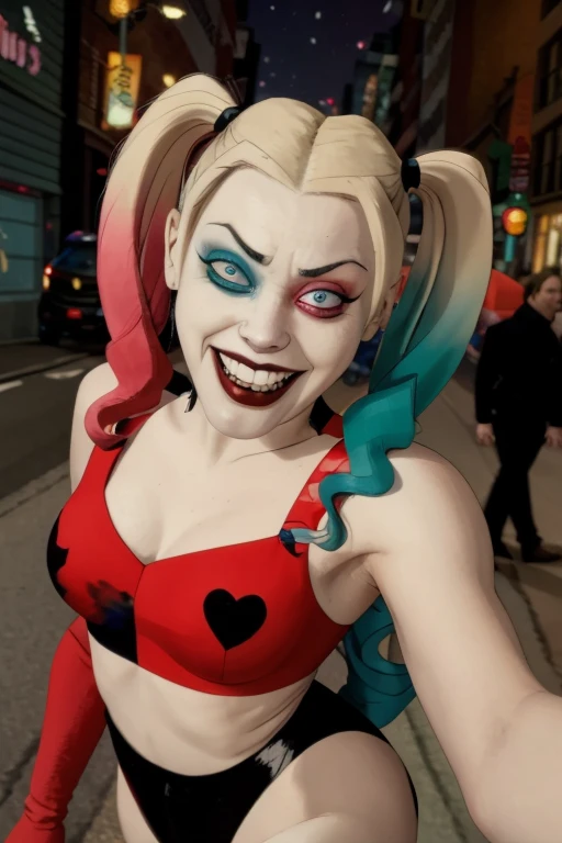 Harley Quinn, on road, action pose, black eyes mask, 
