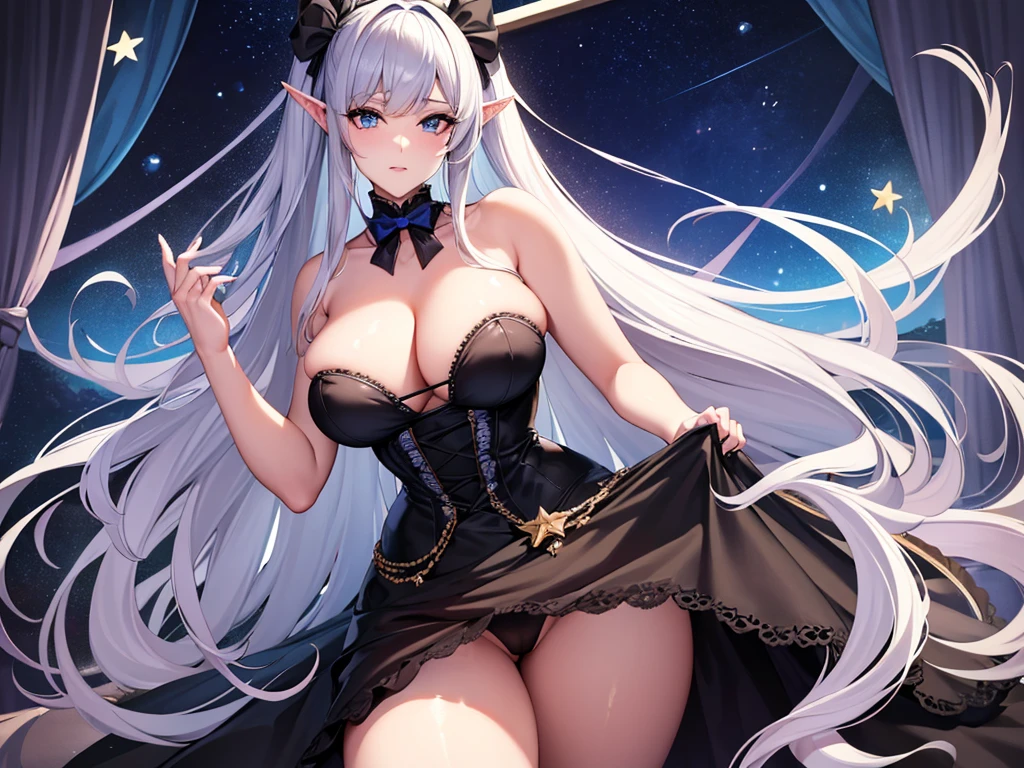 ((Best Quality)), ((masterpiece)), (detailed), 1 tall girl, muscular legs wear garters, prominent female , wears a Victorian dress with a neckline (chess board color has bow details), his eyes are like stars(blue 7-point starry white iris), hair degrades silver to blue(half) the other half is black gradient red, with elf ears, She is a beautiful woman who really likes the games she likes to bet on..