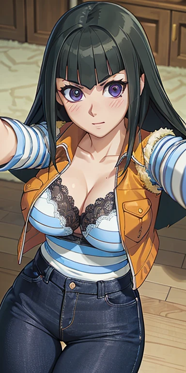 1 Female,High definition,high resolution,Ultra-realistic,8K,CC, 1girl, vest, striped shirt, striped sleeves, pants,purple eyes, detailed face, detailed eyes,8k,European,sexy,Upper body close-up,Photographed from the front,Dynamic Angles,private teacher,blush, huge tits, nipples ,(black lace bra),(top view),(selfie),(wide thighs:1.3),(upper body)