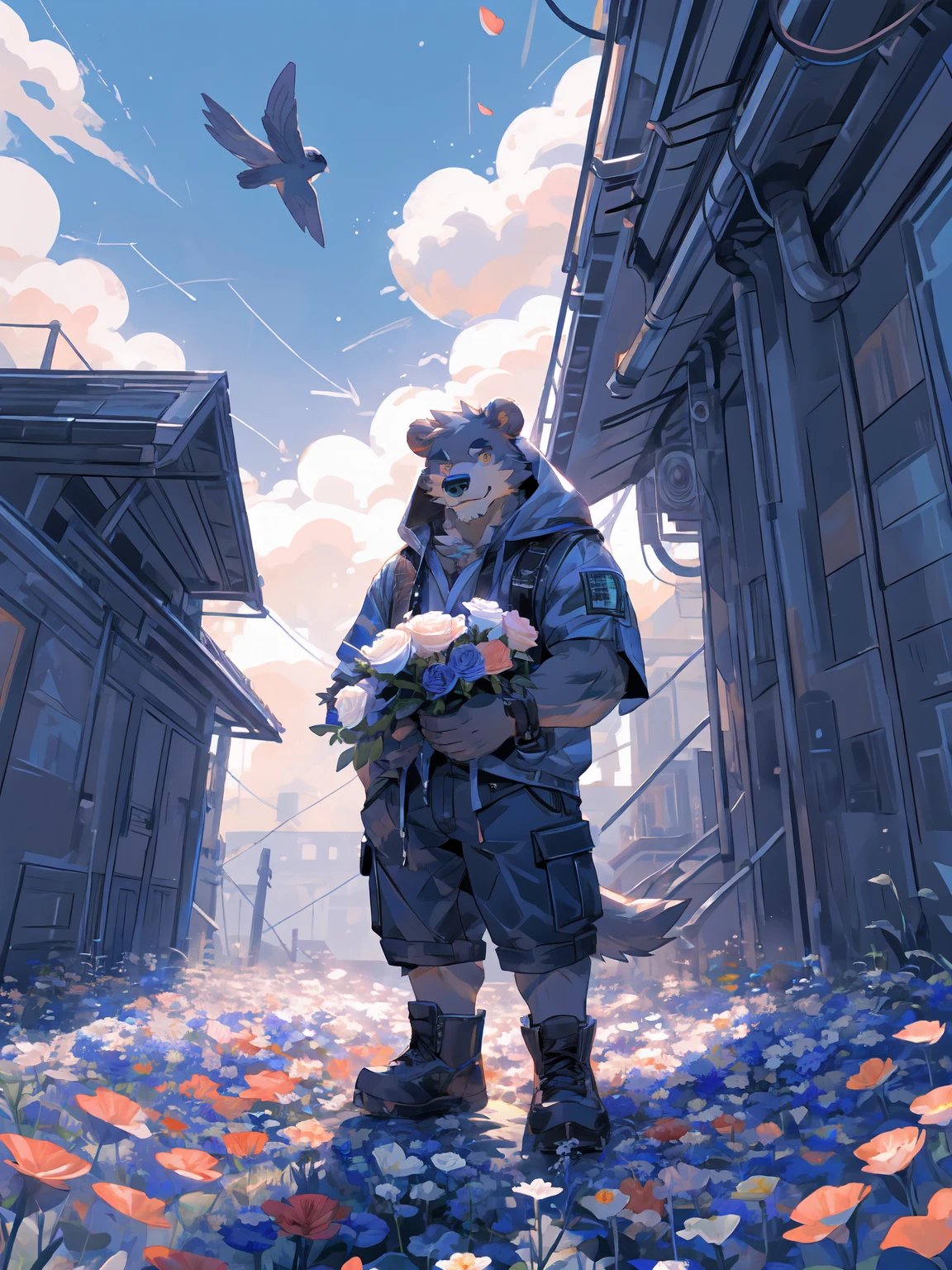 ultra-detailed,extremely detailed and beautiful, sky and white cloud and sunset glow background,ultra-detailed birds, (floating city in bloom, Floating petals, blooming gardens in the sky, many vines on the wall:1.2),Imagination,(masterpiece:1.2), best quality,pixiv,official art,perfect anatomy, (Ray tracing, light),solo, (1_male:1.3) , (muscle), (grey fur:1.4), (muscle bear), (beard:1.2), (gleaming golden eyes), bear tail, full body, Thick black eyebrows, (open short hoodie), (naked inside),cargo shorts, black short boots, (pure white background: 1.3), looking at viewer,dynamic pose, (holding a bouquet:1.3)
