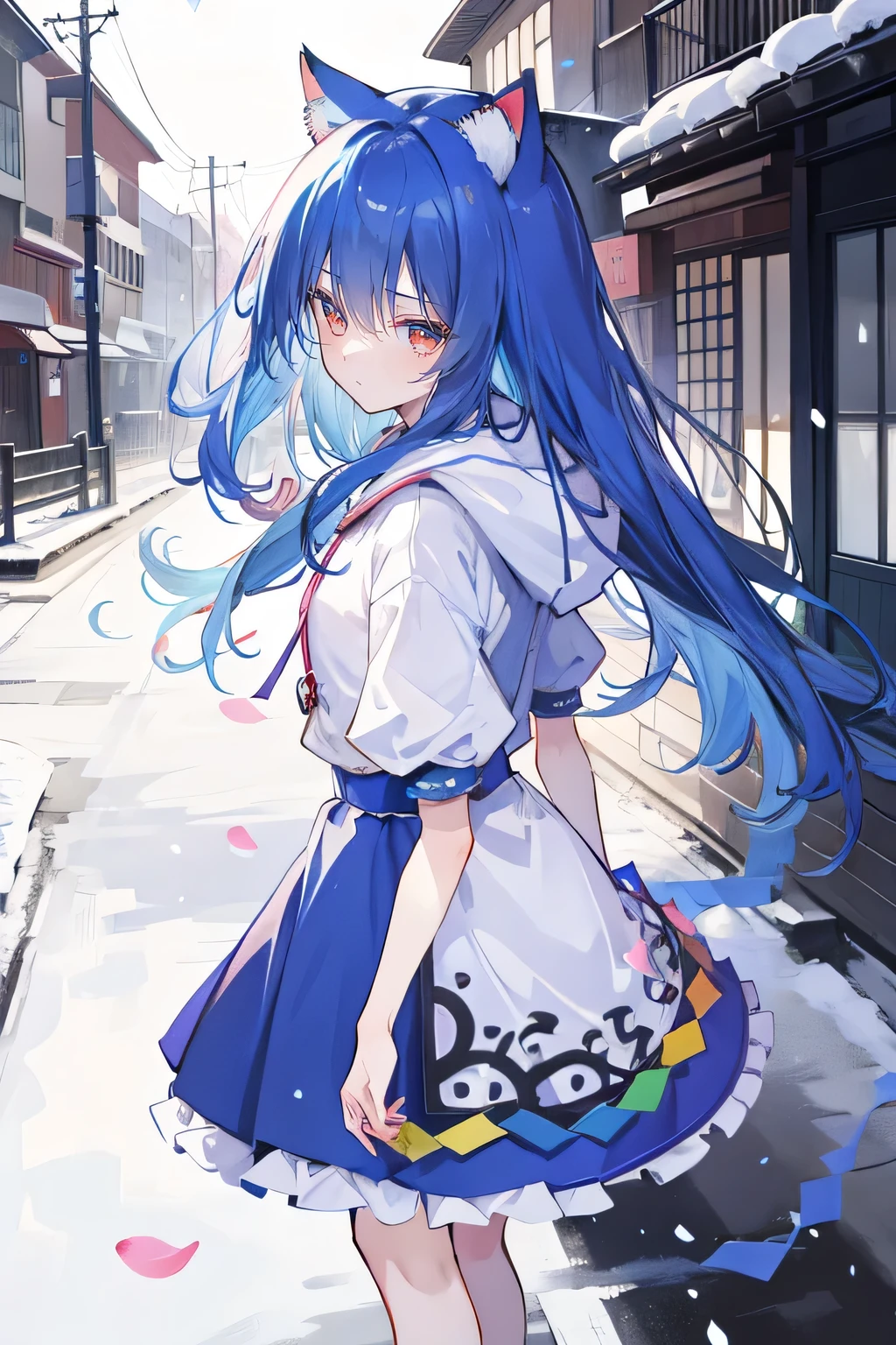 （masterpiece：1.2），Super detailed，lifelike，Expressive eyes，fair skin，perfect face shape，1 girl，
Japanese comics,Gorgeous blue hair,flowing blue hair,flowing clothes,Cat ears,Petals fall,beautiful lola,Baby Angel,
Shaking head with one hand，Cross your legs，smile, wearing hoodie, ,back views,snowing, winter，City Street Scene，winter。