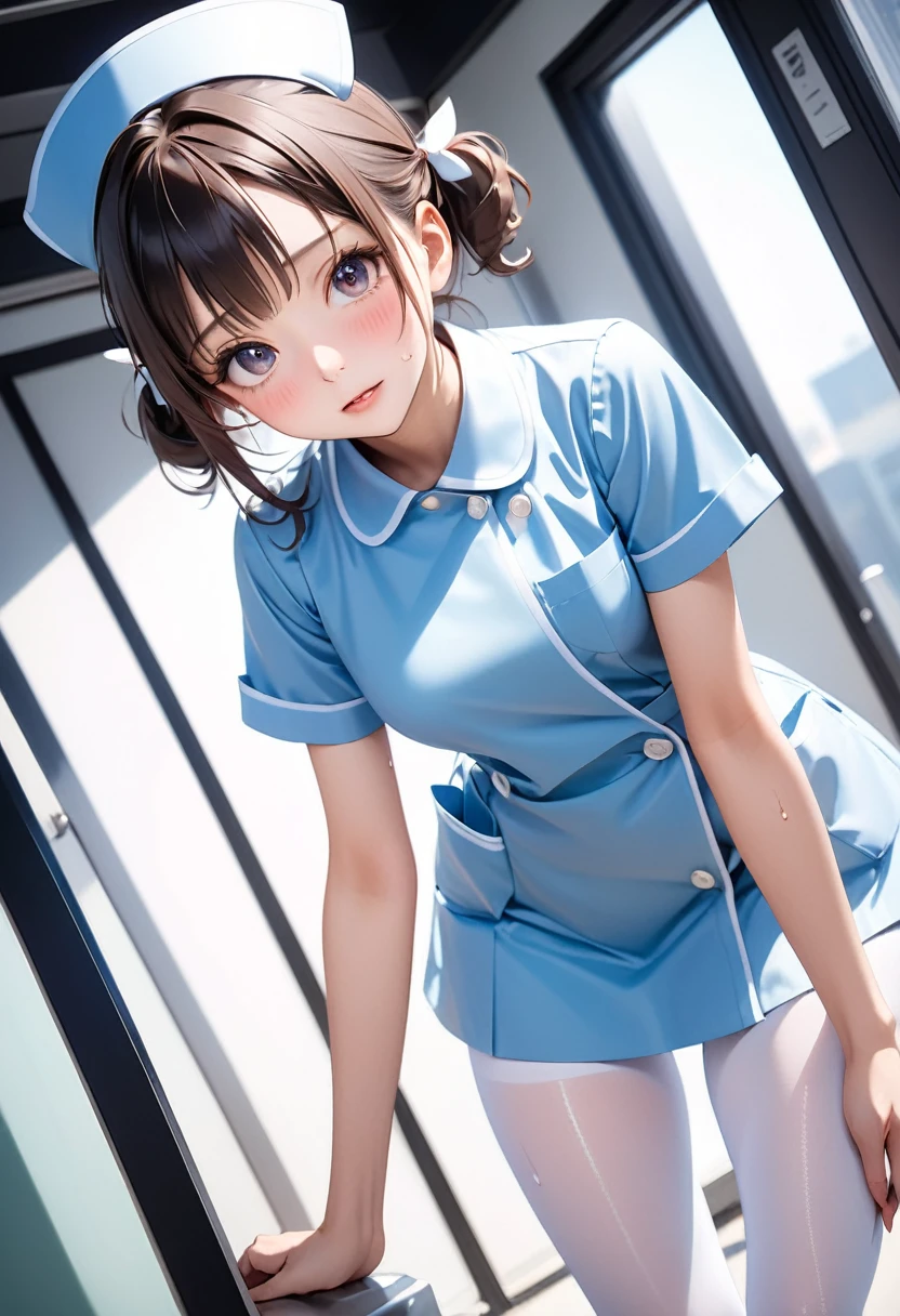 (((nurse uniform), (white pantyhose), (Shiny Costumes))), skindentation, skinny, solo, 1 woman, Masterpiece, highest quality, highest quality, 16K, incredibly absurd, highly detailed, 2.5D, ai-generated, delicate and dynamic, very delicate facial expressions, delicate eye depiction, erotic, only sexy woman, ((A cute and kind face)), healthy figure, ((25-year-old woman)), 160cm tall, medium firm swaying bust, blush, Sweat,Embarrassed,sexy, ((thin thighs)), (Erect nipples,:0.5), shiny and lustrous, facing straight at viewer, (in heat), ((Oily_skin)), ((dutch angle)), ((erotic pose)),