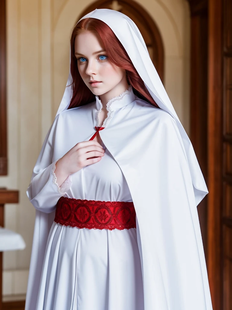 Young beautiful woman. Fragile elf. Nun. Red long wavy hair. Pale skin. Light blue eyes. She frowns a little. Plump lips. White cassock with red patterns. Triangular collar with lace.