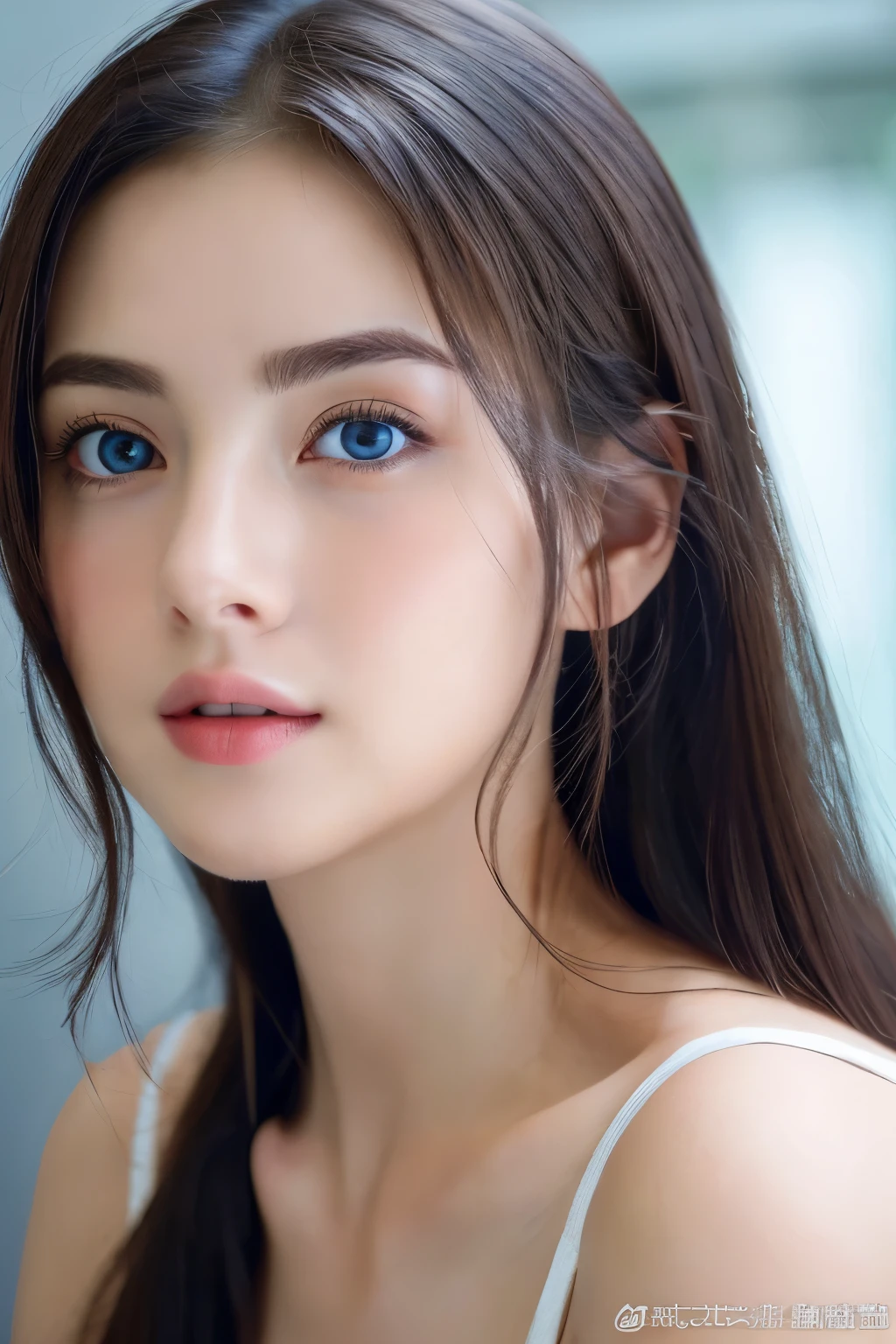 (((32k,high details,high detail、masterpiece,attention to detail,alone))),Raw photo & realistic atmosphere,beautiful dark blue eyes,detailed mouth,glossy lips,thin eyebrows,fine eyes、Soft white skin that shines in every detail、Her deep black eyes are very beautiful,lip details、very beautiful face,very well-shaped face、lifelike face,shining beautiful lips,beautiful eyebrows,infinite reality, Realistic young gravure idol,she'she'she'she'she'she's a very cute woman , young gravure idol, young gravure idol, Very beautiful and cute 21 year old beautiful girl,incredibly beautiful and classy,21 year old beautiful girl,natural soft light,(shiny hair,,Beautiful and kind eyes:1.5),gentle smile,well-shaped chest,medium long hair,tie hair,beautiful posture,no makeup,think ahead,