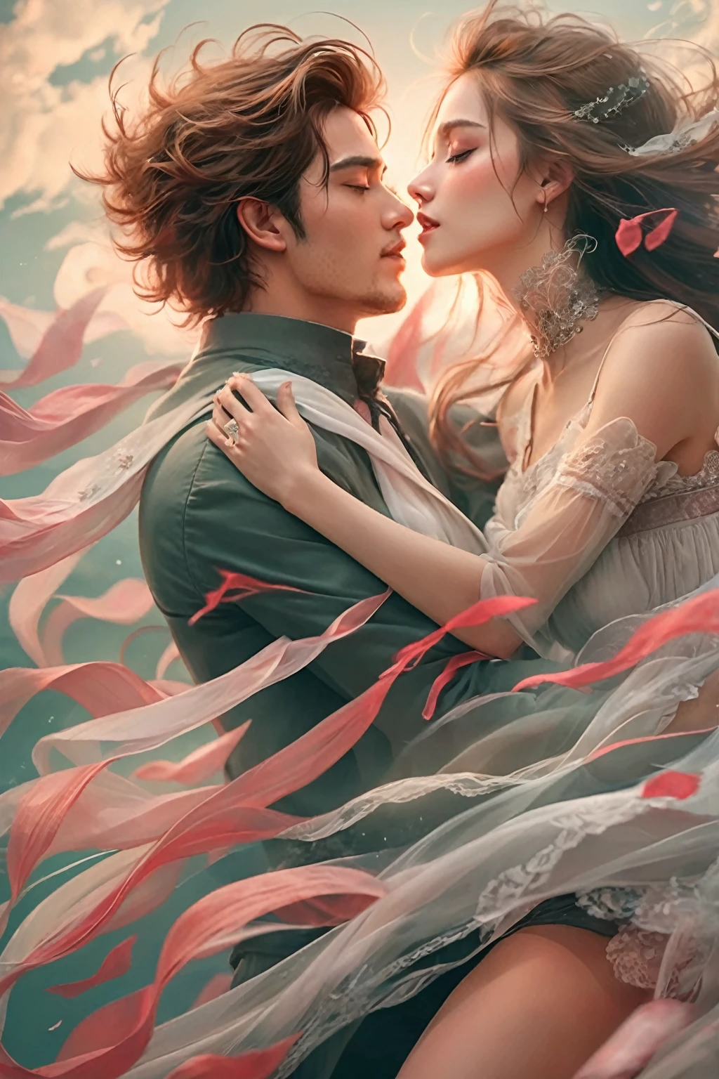 Create images in digital art style. The image must contain a scene of a man and a woman dancing.. The background uses intense red and white colors to create a dynamic and romantic atmosphere.... The men are wearing dark colored shirts, the woman is wearing a white dress. Two people are gently hugging each other., The movement of the dress blowing in the wind is expressed.... Give the overall feeling of the image a romantic and emotional atmosphere....