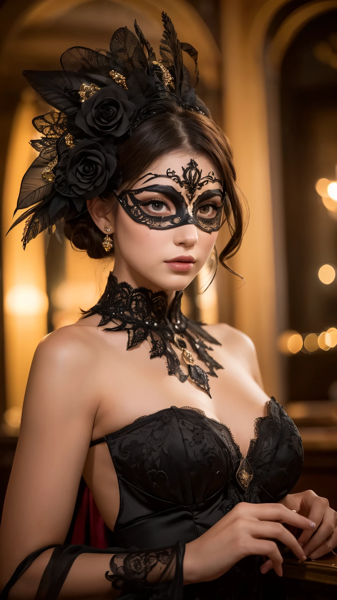 (woman in a masquerade party,elegant venetian mask,intricate costume,beautiful detailed eyes,beautiful detailed lips,extremely detailed face,highly detailed mask,moody bar interior,chiaroscuro lighting,dramatic shadows,cinematic,4k,8k,highres,masterpiece:1.2,ultra-detailed,realistic,photorealistic:1.37,rich colors,refined color palette,captivating)