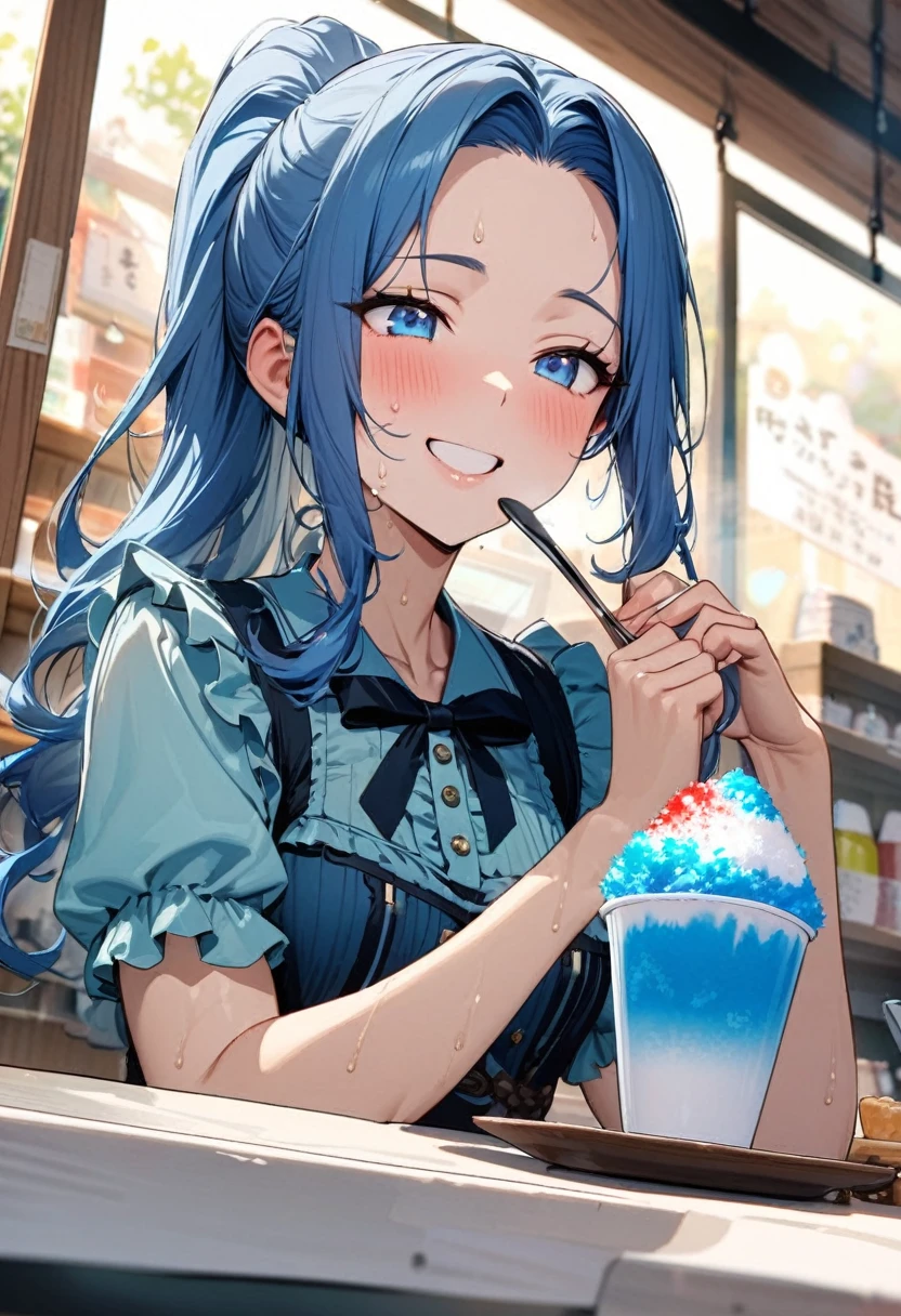 (sweaty skin style), (solo:2, 15 yo), (beautiful forehead and ponytail), (beautiful detailed blue hair, long hair) (best lovely girl, cool beautiful blue eyes, glossy lip, , best happy smile:1.1), in a Layered frills cute blue one piece dress), break, in the japanese Shaved Ice Shop, girl is eating shaved Ice, While using a spoon, BREAK, perfect anatomy, masterpiece, best quality, 16k, beautiful detailed love, daydreaming expression.
