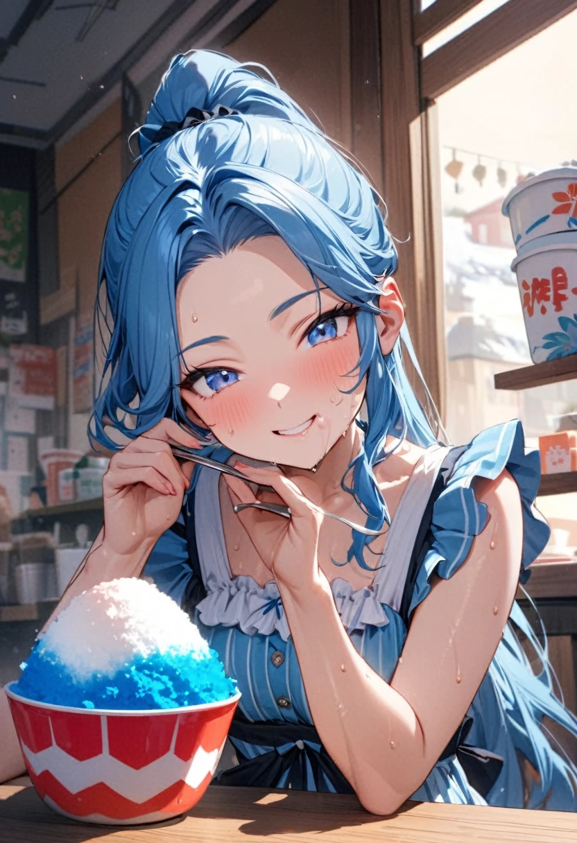 (sweaty skin style), (solo:2, 15 yo), (beautiful forehead and ponytail), (beautiful detailed blue hair, long hair) (best lovely girl, cool beautiful blue eyes, glossy lip, , best happy smile:1.1), in a Layered frills cute blue one piece dress), break, in the japanese Shaved Ice Shop, girl is eating shaved Ice, While using a spoon, BREAK, perfect anatomy, masterpiece, best quality, 16k, beautiful detailed love, daydreaming expression.

