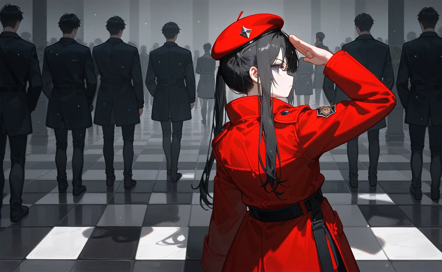 1Young girl，Black twin ponytails，Red beret，Red trench coat，（（（Black hair））），indoor，Black and white diamond floor tiles，Snowstorm outside，and bloodstains on the floor，Serious，salute1.3，A room full of statues，Fisheye lens，Beautiful light and shadow，Back