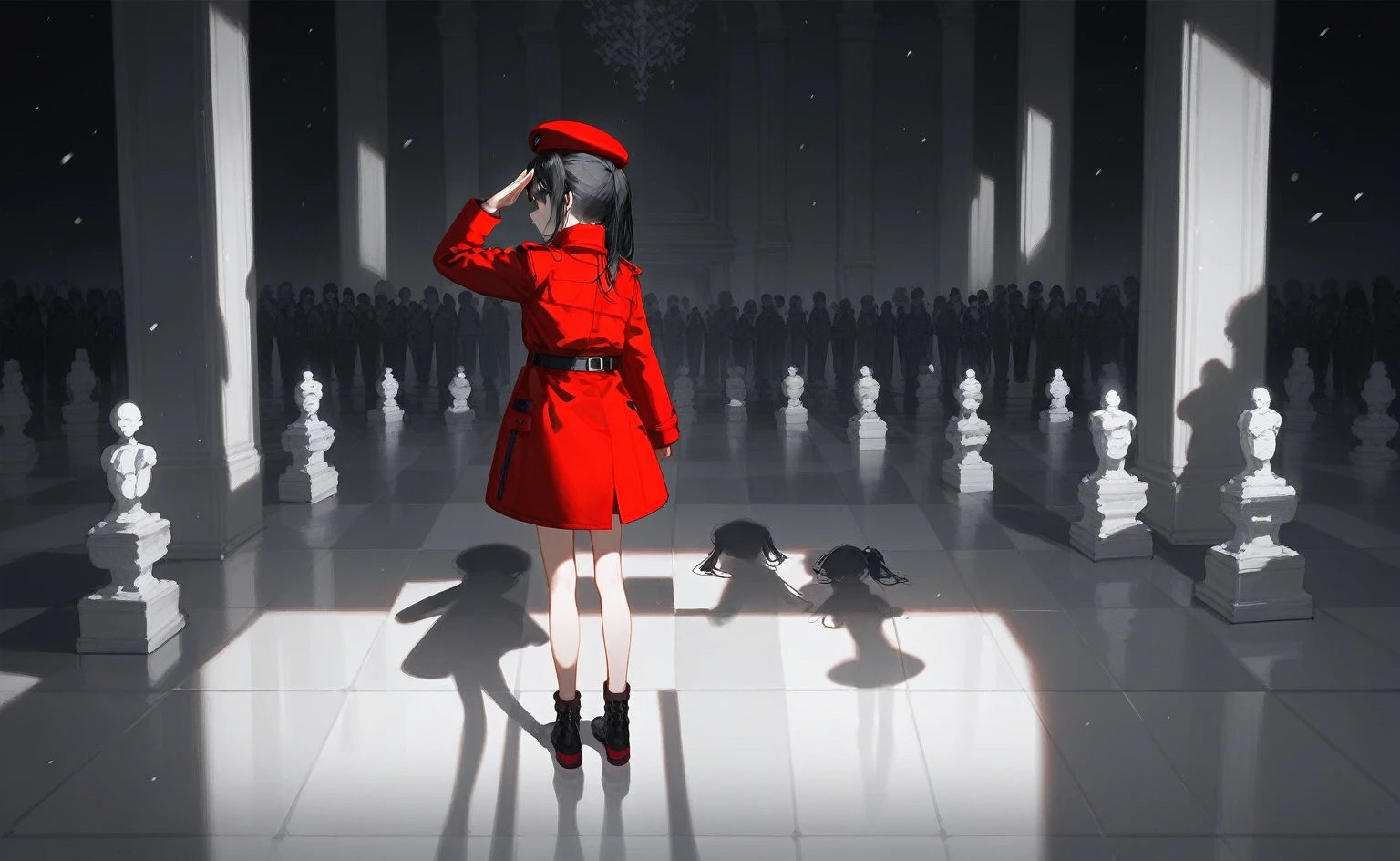 1Young girl,Black twin ponytails,Red beret,Red trench coat,(((Black hair))),indoor,Black and white diamond floor tiles,Snowstorm outside,and bloodstains on the floor,Serious,salute1.3,A room full of statues,Fisheye lens,Beautiful light and shadow,Back