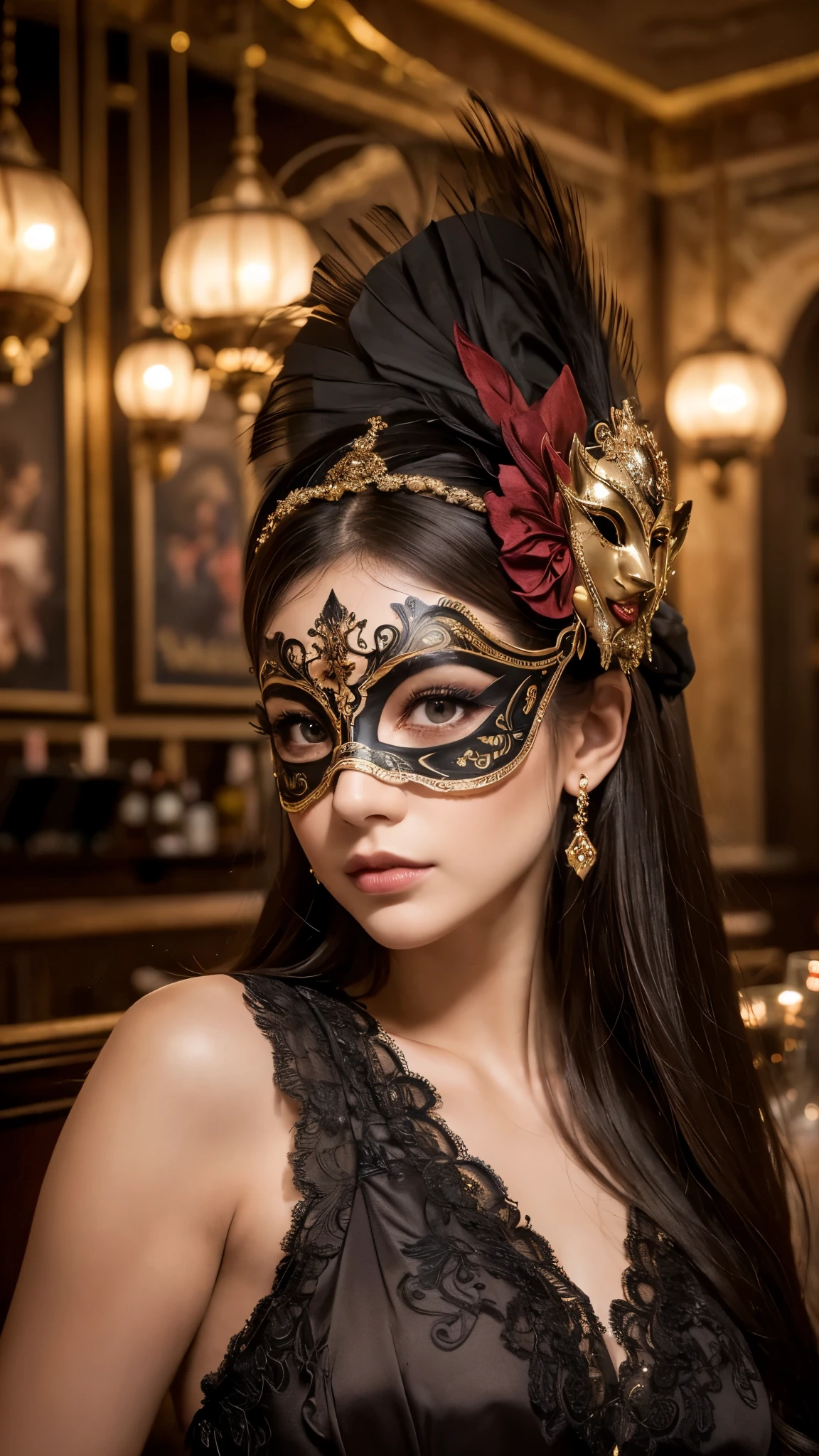 (woman in a masquerade ,elegant venetian mask,intricate costume,beautiful detailed eyes,beautiful detailed lips,extremely detailed face,highly detailed mask,moody bar interior,chiaroscuro lighting,dramatic shadows,cinematic,4k,8k,highres,masterpiece:1.2,ultra-detailed,realistic,photorealistic:1.37,rich colors,refined color palette,captivating)