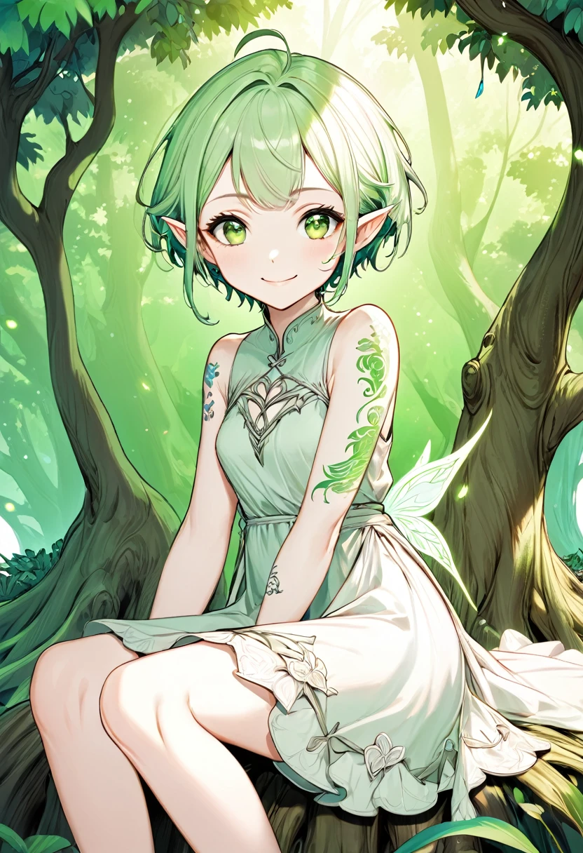 line art, iridescent white light effect, 2.5D, delicate and dynamic, pure palegreen world, cute white elf girl, captivating smile, forehead, white very short messy pixie cut, loose dress, thin flat body line, covered in tattoos, sitting, leaning against a large palegreen tree, background palegreen, cartoon-style images, shading, contrast magic effects, palegreen eyes