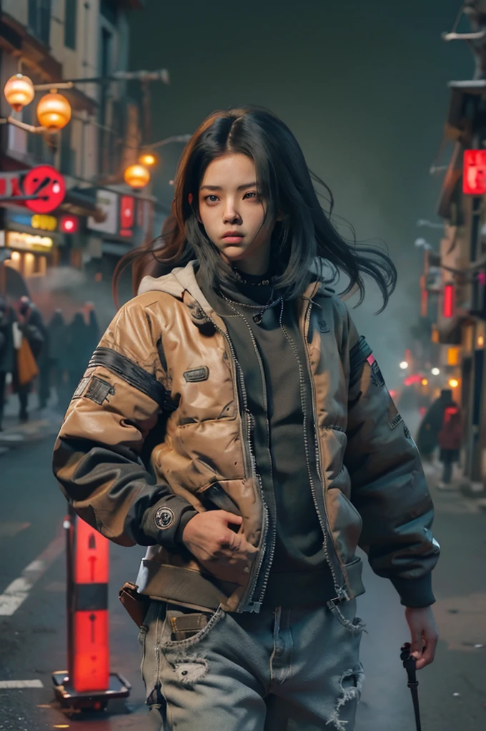 a -yeld ni boy, hip-hop clothes, long hair, running on a ruined street, a dog run behin, hyper realistic, cinematic lighting, epic scale, detailed facial features, intricate clothing textures, moody atmosphere, vibrant colors, volumetric fog, dynamic pose, photorealistic, 8k, best quality, masterpiece
