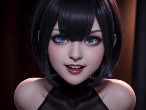 High-quality raw work,  mavis dracula, supernatural and exotic beauty short black hair bob style with fringe, voluminous lips , blue eyes white skin , eyeliner and teeth fangs vampire,  