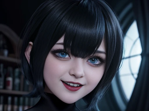 High-quality raw work,  mavis dracula, supernatural and exotic beauty short black hair bob style with fringe, voluminous lips , blue eyes white skin , eyeliner and teeth fangs vampire,  