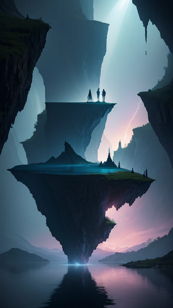 Photographs that capture the essence of a magical dream world. An epic cliff,Hanging over a beautiful lake, Surreal and vivid colors illuminate its reflection. The atmosphere is otherworldly, The soft night light casts a flowing shadow. The image creates a sense of depth and mystery, It's as if the audience is taken into another dimension., Create beautiful and memorable work. Shot with Canon EosIII Zeiss 120mm wide angle lens