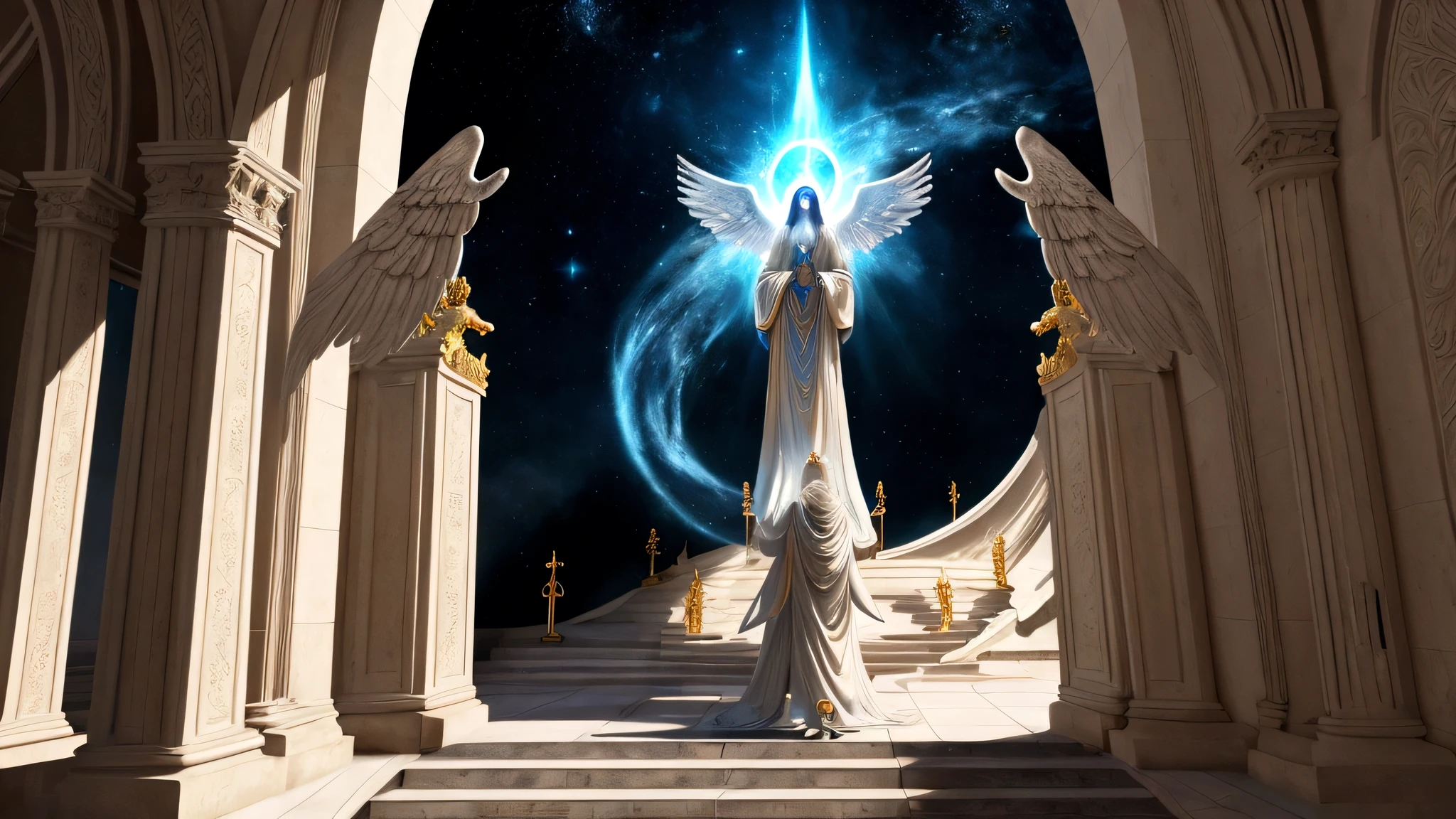 "Description: Créer une interprétation artistique d'un voyage spirituel vers l'immortalité, mélange d'éléments terrestres et célestes. Montrer des personnages montant un escalier ou un chemin symbolique, passer de l'obscurité à la lumière rayonnante.
détails: Utilisez des couleurs contrastées pour représenter la transition des luttes terrestres vers la paix céleste. Incluez des éléments symboliques comme des ailes, Portes célestes, et une ville céleste lointaine, signifiant le voyage vers la vie éternelle. Ce visuel doit véhiculer le thème biblique du voyage et de la transformation de l'âme vers l'immortalité par la grâce divine.."