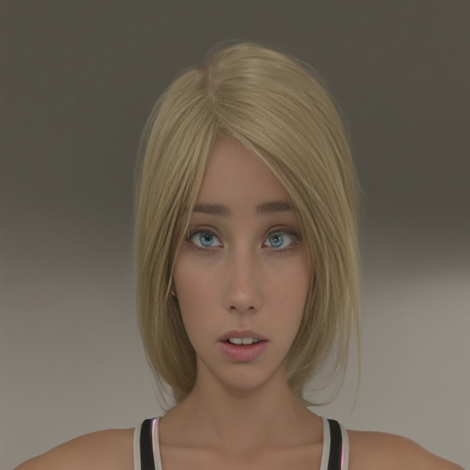 Beautiful blond haired blue eyed female with a worried expression. Simple background.