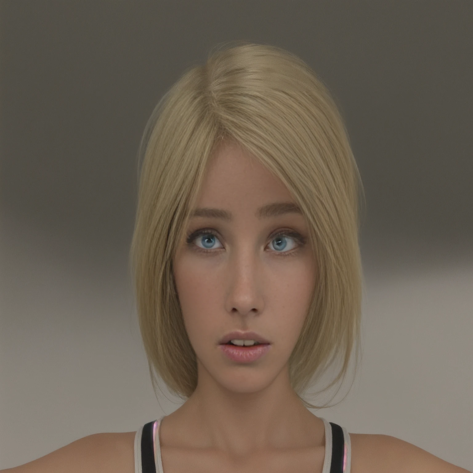 Beautiful blond haired blue eyed female with a worried expression. Simple background.