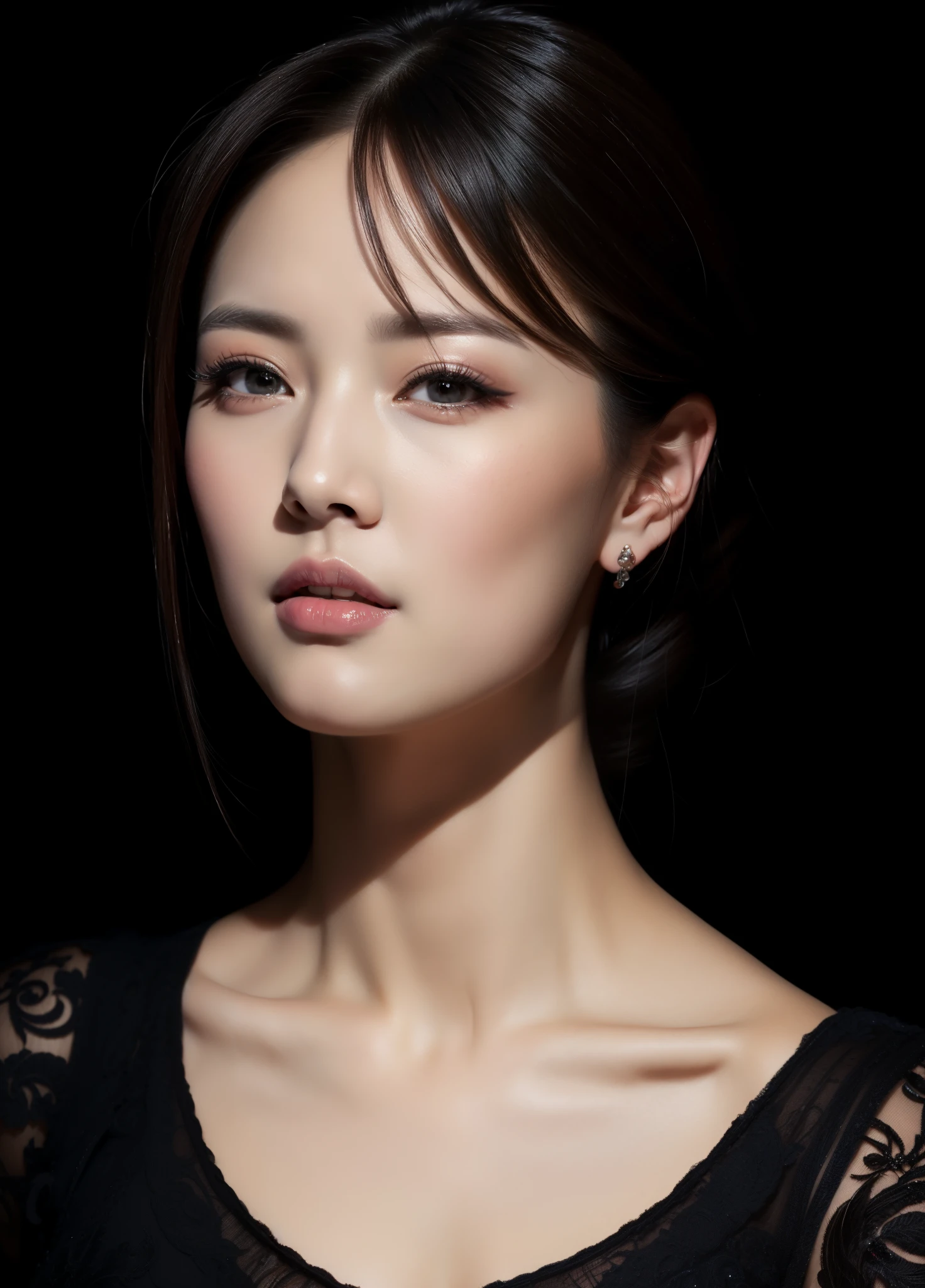 masterpiece,best quality, (one lady), ((portrait:1.5)), makeup, elegant black shirt, lewd, erotic, touch own chest, ((seduction expression)), ,background black