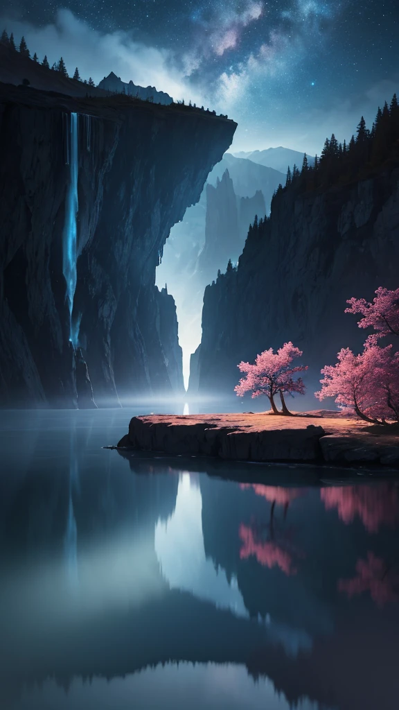 Photographs that capture the essence of a magical dream world. An epic cliff,Hanging over a beautiful lake, Surreal and vivid colors illuminate its reflection. The atmosphere is otherworldly, The soft night light casts a flowing shadow. The image creates a sense of depth and mystery, It's as if the audience is taken into another dimension., Create beautiful and memorable work. Shot with Canon EosIII Zeiss 120mm wide angle lens