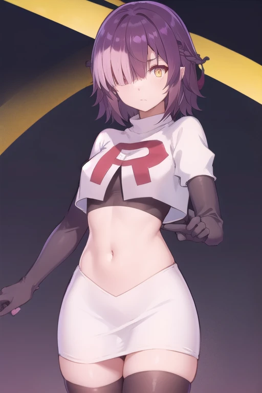 ayanofujimoto, ayano fujimoto, short hair, hair ornament, (yellow eyes:1.3), purple hair, braid, (hair over one eye:1.5),
BREAK team rocket,team rocket uniform,white skirt,red letter R,crop top,black thigh-highs,black elbow gloves,
BREAK looking at viewer,
BREAK (masterpiece:1.2), best quality, high resolution, unity 8k wallpaper, (illustration:0.8), (beautiful detailed eyes:1.6), extremely detailed face, perfect lighting, extremely detailed CG, (perfect hands, perfect anatomy),