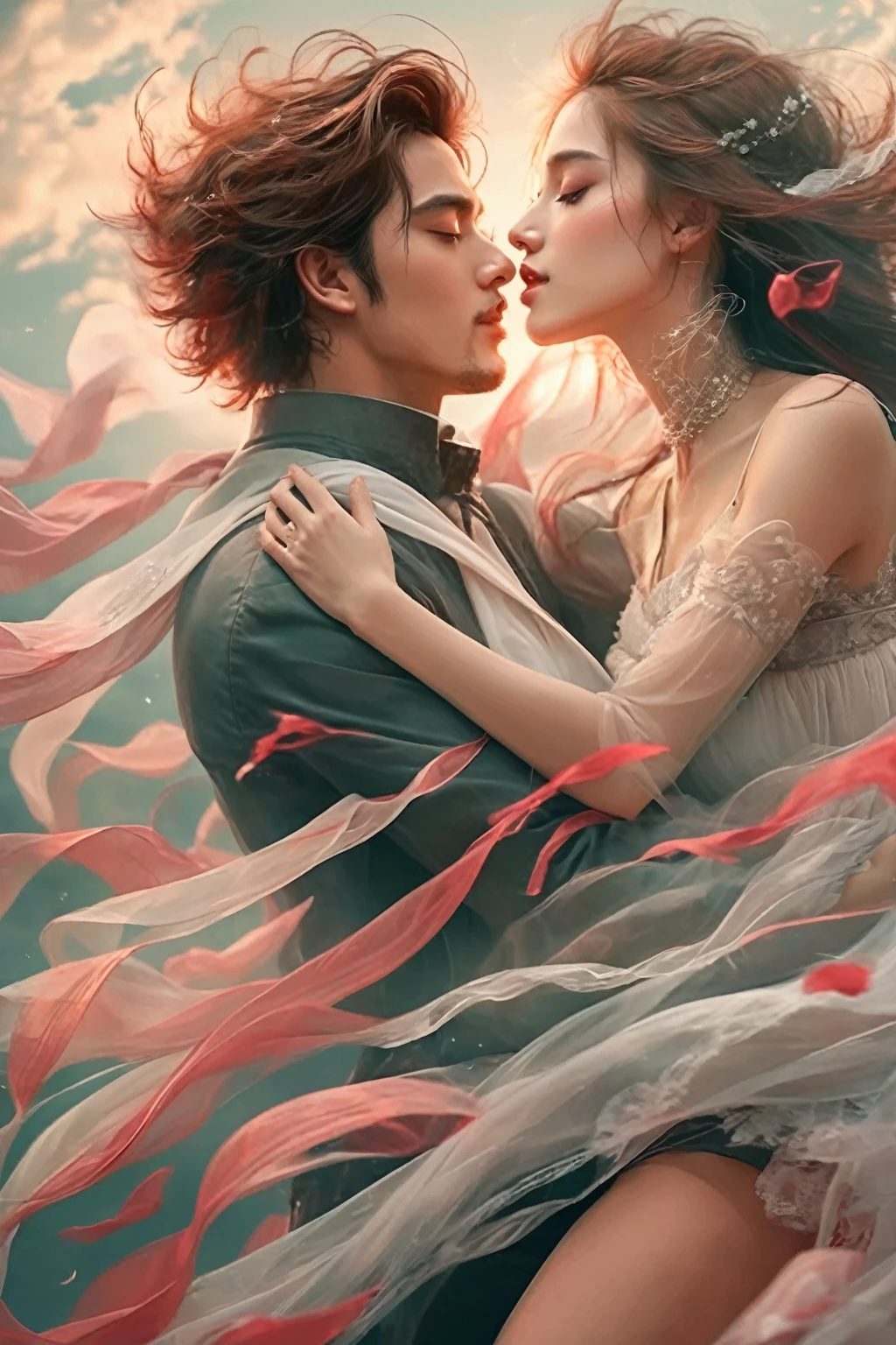 Create images in digital art style. The image must contain a scene of a man and a woman dancing.. The background uses intense red and white colors to create a dynamic and romantic atmosphere.... The men are wearing dark colored shirts, the woman is wearing a white dress. (,black hair)Two people are gently hugging each other., The movement of the dress blowing in the wind is expressed.... Give the overall feeling of the image a romantic and emotional atmosphere....