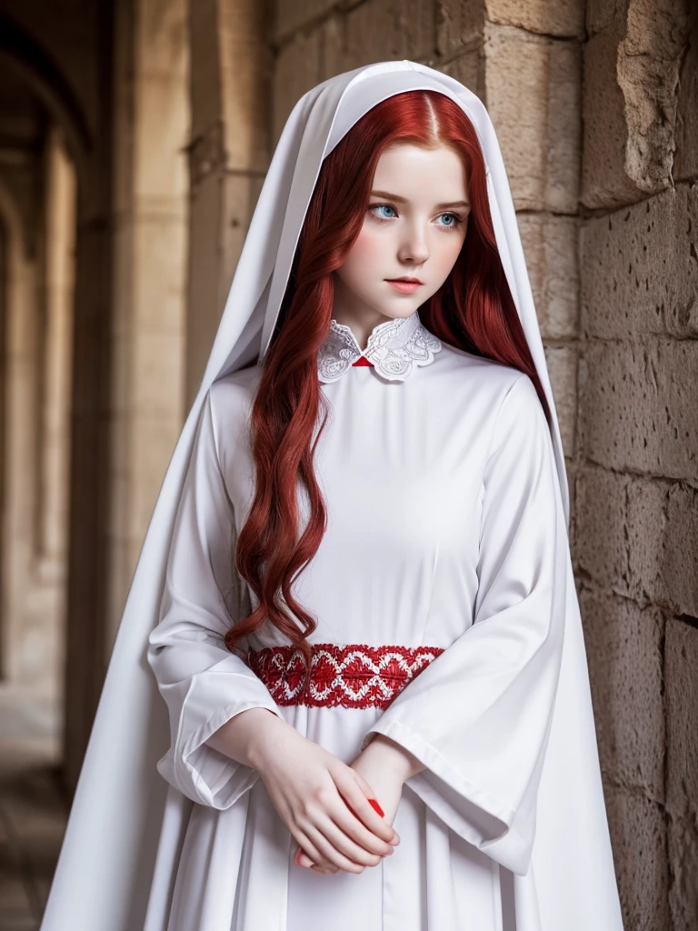 Young fragile woman-elf. Nun. Red long wavy hair. Pale skin. Light blue eyes. She frowns a little. Plump lips. White cassock with red patterns. Triangular collar with lace.