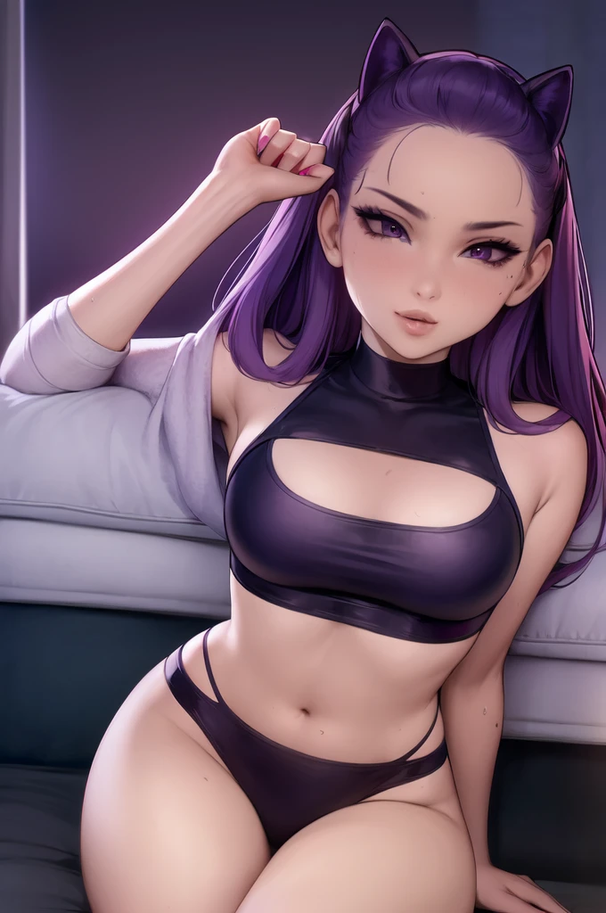 masterpiece, kittwinko, prostitute, crop top, purple haired, ahegao